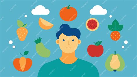 Ilustración de una persona sonriente y activa, rodeada de frutas y verduras frescas, simbolizando un estilo de vida saludable.