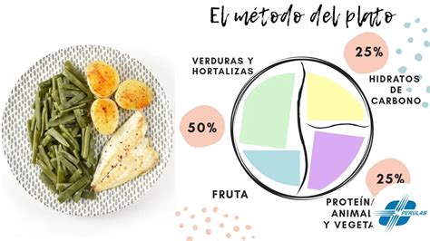 Ilustración del método del plato, dividiendo visualmente un plato en las proporciones recomendadas de verduras, proteínas y carbohidratos.