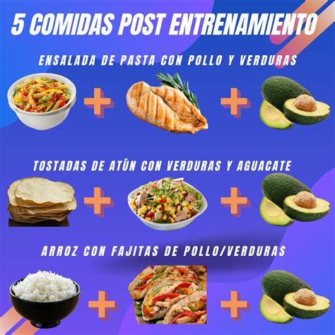 Esquema visual de las comidas pre y post-entrenamiento, mostrando las cantidades y tipos de alimentos para optimizar la energía y la recuperación.