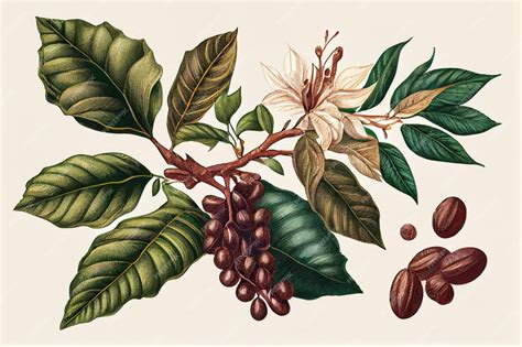 Ilustración de una planta de café con énfasis en las hojas y cerezas