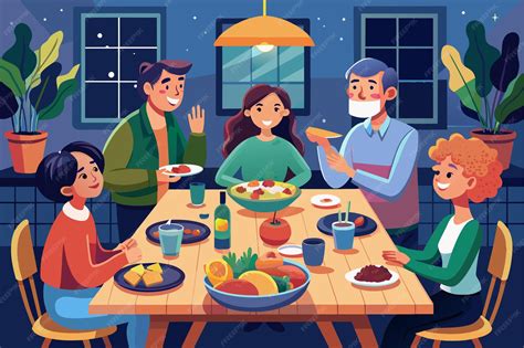 Ilustración de una familia sonriente compartiendo una cena saludable.
