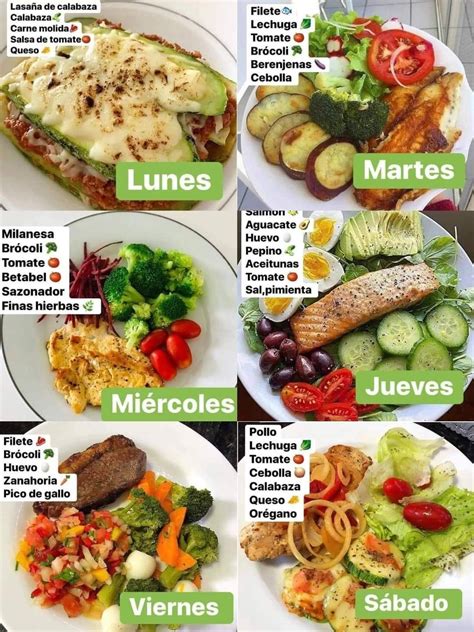 Collage de fotos con diferentes platos de cenas saludables para niños: hamburguesas de berenjena, crema de espinacas, pizza saludable, salmón al horno, brochetas de pollo.