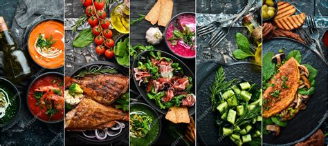 Collage de platos flexitarianos: ensalada colorida, hamburguesa vegetal, salmón con verduras