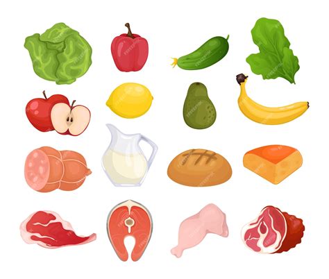 Ilustración de alimentos del Paleolítico: frutas, verduras, carnes y pescados.