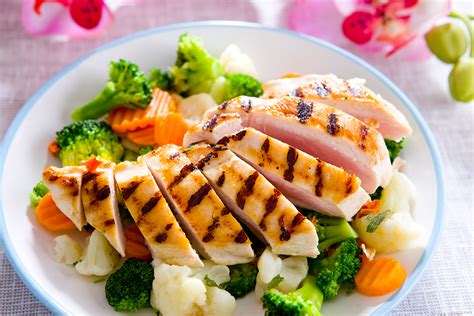 Plato de pollo a la plancha con verduras variadas.
