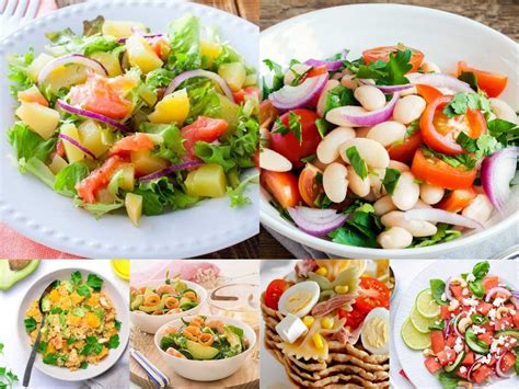 Variedad de platos paleo: ensaladas, salteados y postres.