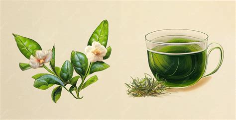 Ilustración de hojas de té verde con sus componentes antioxidantes.