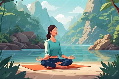 Ilustración femenina mayor de 45 años practicando yoga en un entorno natural