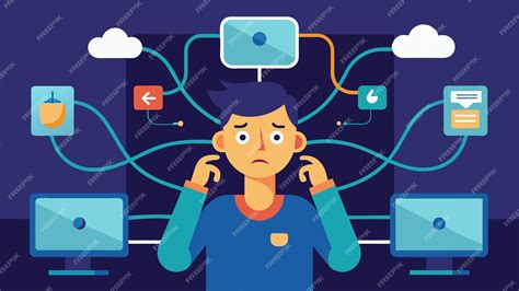 Ilustración de una persona rodeada de pantallas y dispositivos digitales, con una luz de energía emergiendo