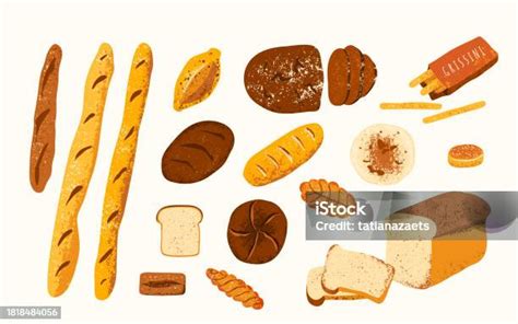Ilustración mostrando diferentes tipos de pan (baguette, chapata, integral, de molde) y sus características.