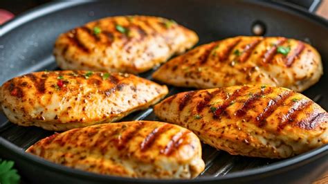 Imagen de una pechuga de pollo dorada y jugosa, recién salida del horno, con hierbas aromáticas.