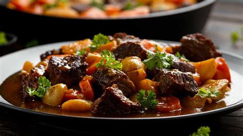 Ingredientes frescos para un estofado de ternera con verduras