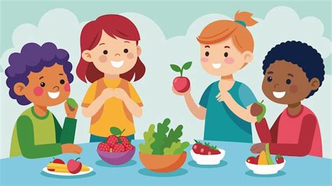 Ilustración de un niño compartiendo frutas y verduras con su familia