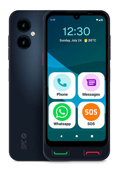 Diseño frontal del smartphone SPC ZEUS 2 mostrando la pantalla grande y los iconos del Modo Fácil.