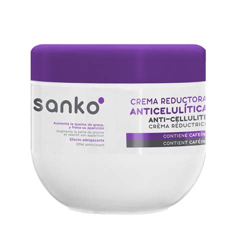 Envase de Sanko Crema Corporal Anticelulítica y Reductora, mostrando la textura del producto.