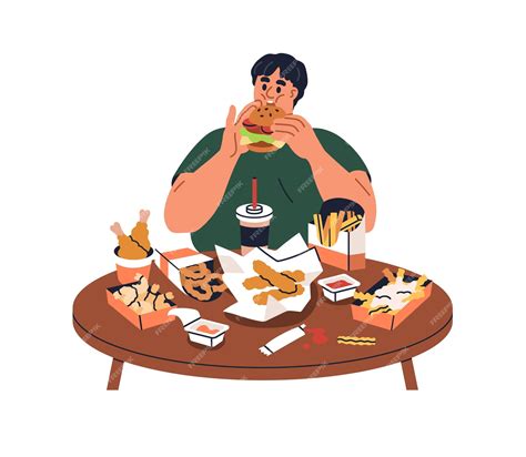 Ilustración de un estudiante universitario comiendo comida rápida en lugar de una comida saludable.