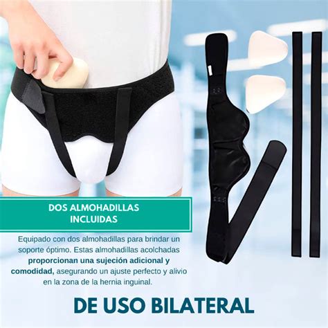 Ilustración detallada de la faja para hernia inguinal S120, mostrando las almohadillas y la banda escrotal con el cierre de velcro.