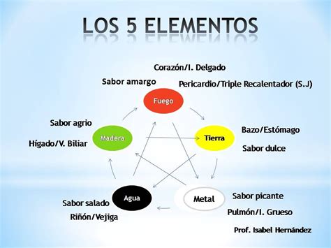 Diagrama de los cinco elementos y sus correspondencias en la MTC (órganos, sabores, estaciones).