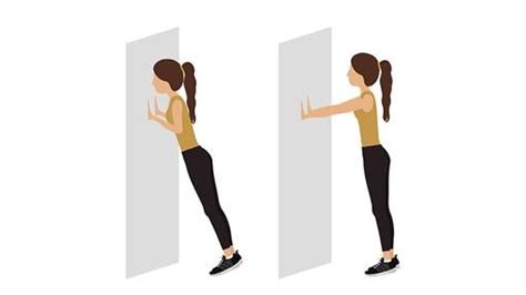 Ilustración de flexiones en pared y fondos en silla.