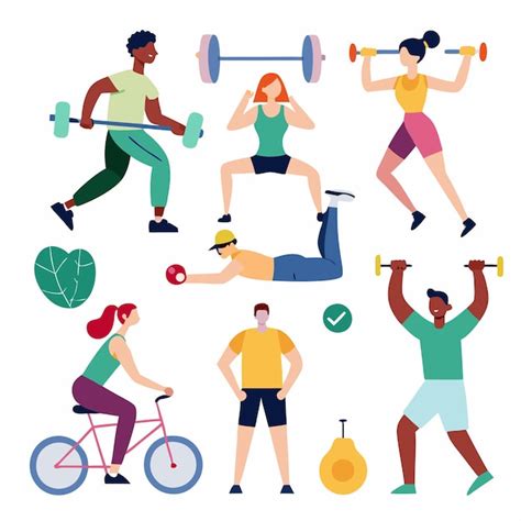 ilustração de diferentes tipos de exercícios de fortalecimento muscular