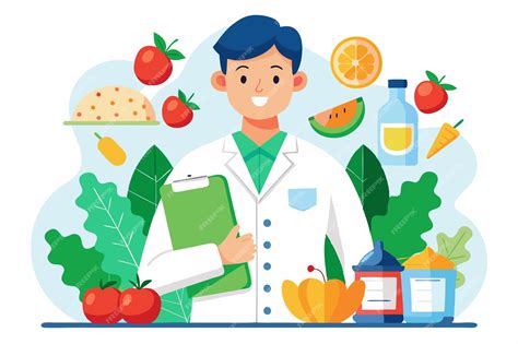 Ilustración de un dietista-nutricionista interactuando amistosamente con un paciente, ambos sonriendo.