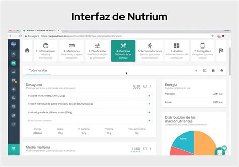 Captura de pantalla de una interfaz de software de nutrición mostrando la gestión de pacientes y planes dietéticos.