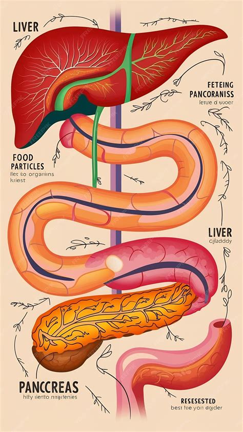 Ilustración médica mostrando el sistema digestivo y órganos relacionados como el páncreas y el hígado.