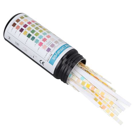 Ilustración de tiras reactivas para cetonas con un envase y un gráfico de colores para interpretación.