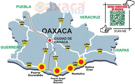 Mapa de Oaxaca con la ubicación de varias gasolineras marcadas.