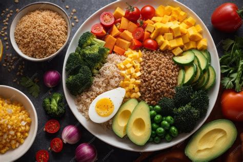 Una imagen vibrante y variada de alimentos saludables, incluyendo frutas, verduras, proteínas magras y granos integrales.