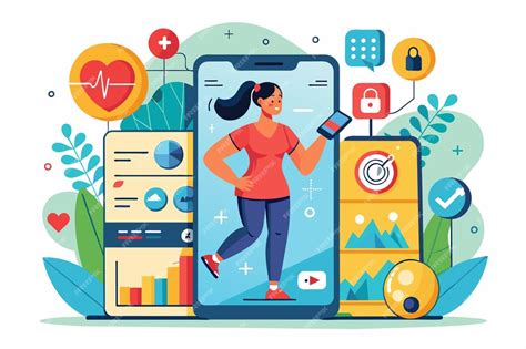 Ilustración de un smartphone mostrando diversas aplicaciones de salud y fitness.