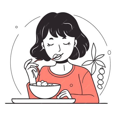 Ilustración de una mujer comiendo lentamente un plato saludable.