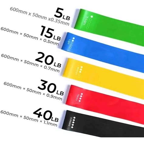 Ilustración de diversas bandas elásticas de resistencia de diferentes colores y grosores.