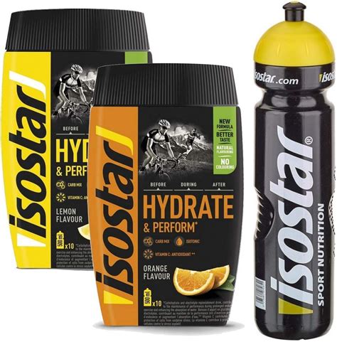 polvo de bebida isotónica Isostar Hydrate & Perform y botella