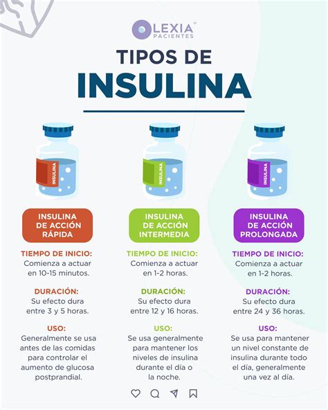 Infografía comparativa de los tipos de insulina: rápida, intermedia, prolongada y mezclas.