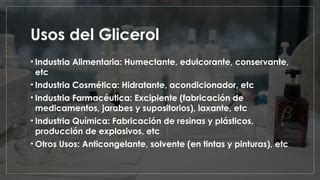 Ilustración mostrando diversas aplicaciones del glicerol en la industria.