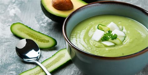 Foto de una sopa fría de pepino con aguacate, eneldo, limón y rábano decorativo.