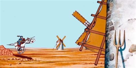 Escena de Don Quijote luchando contra molinos de viento