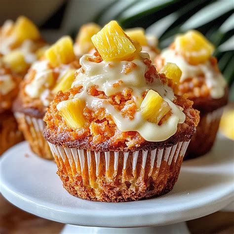 Muffins de zanahoria y piña, con trozos visibles de zanahoria y piña en la masa