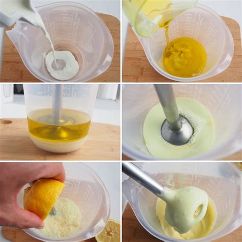 Proceso de elaboración de mayonesa casera con batidora.