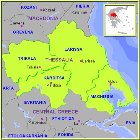 Mapa de la región de Thessaly en Grecia, destacando su importancia en la producción de queso feta