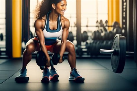 Mujer joven levantando pesas en un gimnasio, enfocada en la técnica y el esfuerzo.