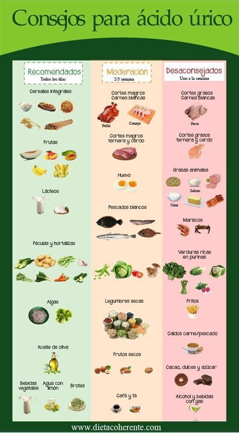 infografía detallando la relación entre purinas en la dieta y niveles de ácido úrico en sangre