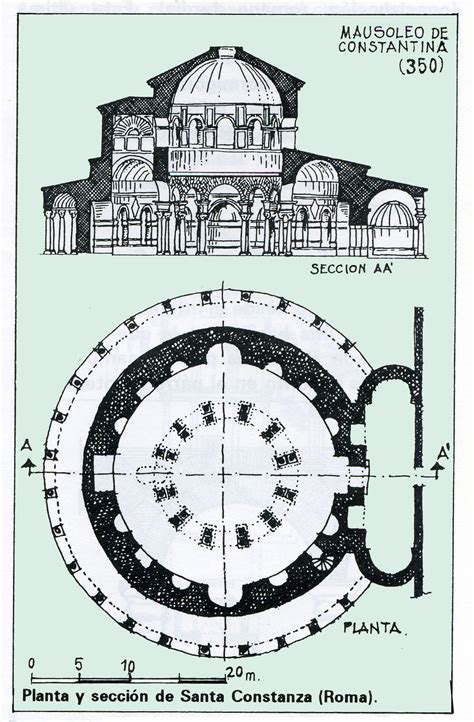 Reconstrucción del Mausoleo de Santa Constanza en Roma, destacando su planta circular.