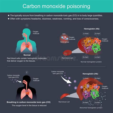 Ilustración de la molécula de hemoglobina uniéndose al monóxido de carbono en lugar del oxígeno.