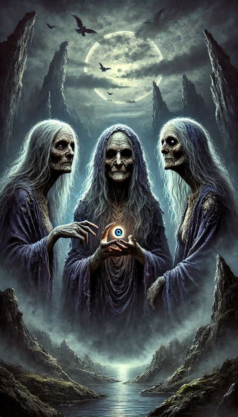 Representación de Perseo dialogando con las Grayas para obtener información sobre las Gorgonas.