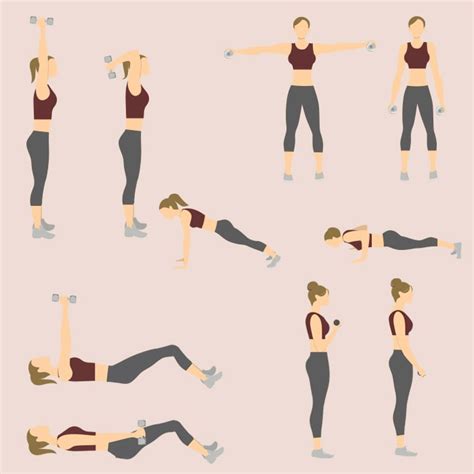 Secuencia de imágenes mostrando los ejercicios de la rutina de 15 minutos para brazos y abdomen.