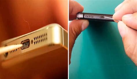 Primer plano de un puerto de carga de smartphone, con una flecha señalando la importancia de mantenerlo limpio.