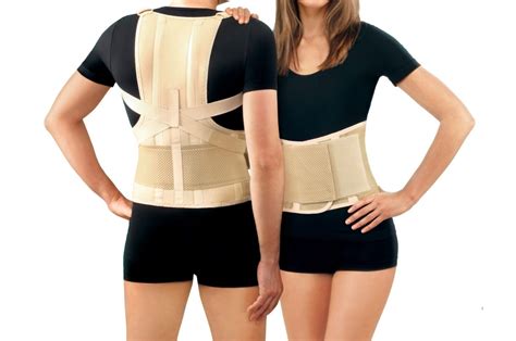 Ilustración de diferentes tipos de fajas lumbares y protecciones ortopédicas (rodilleras, muñequeras, coderas)