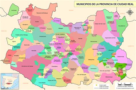 Mapa de la provincia de Ciudad Real destacando los principales núcleos urbanos con oportunidades de empleo público.